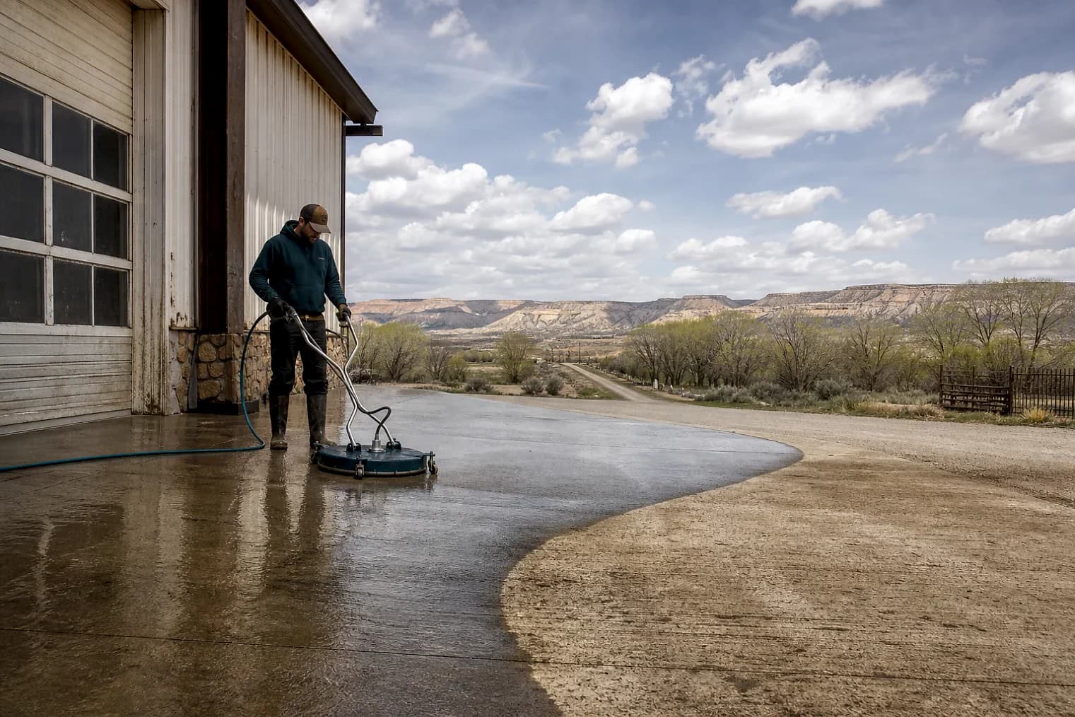 Exterior-cleaning scene inspired by Dutch John, Utah, with characteristic the Uintah Basin landscape
