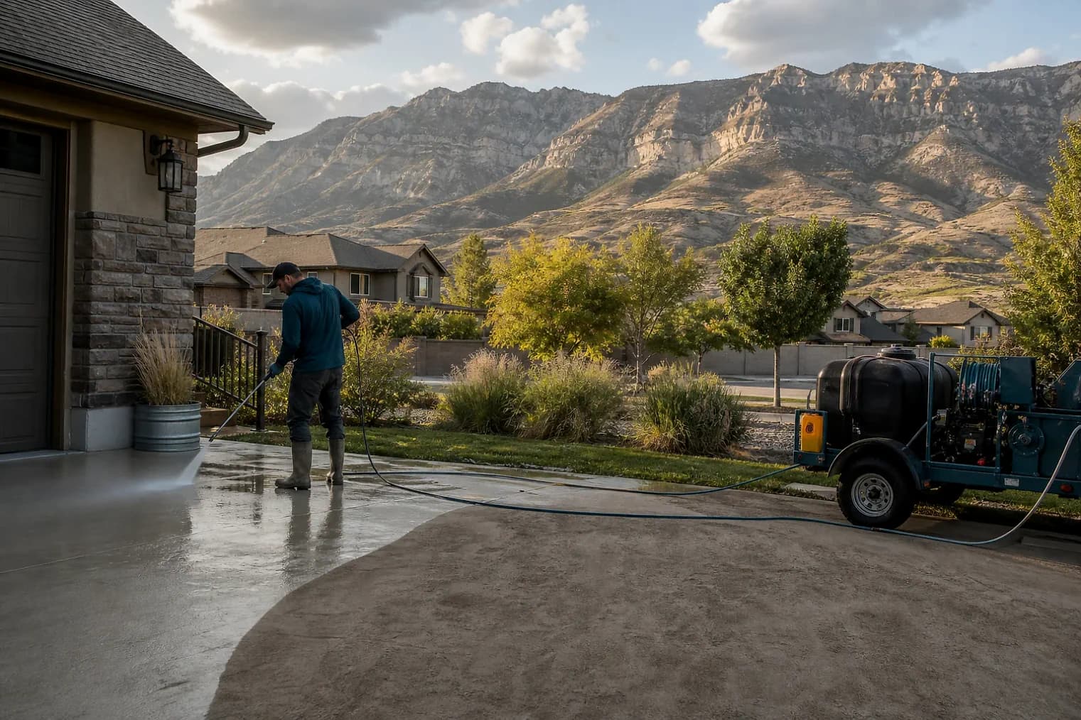 Exterior-cleaning scene inspired by Eagle Mountain, Utah, with characteristic the Wasatch Front landscape