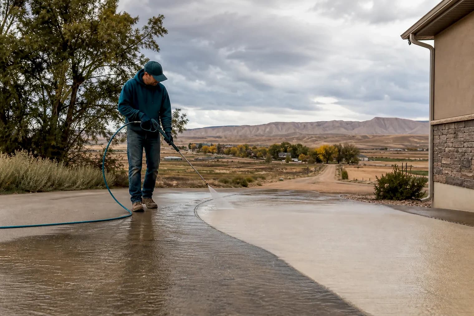 Exterior-cleaning scene inspired by East Carbon, Utah, with characteristic the Uintah Basin landscape