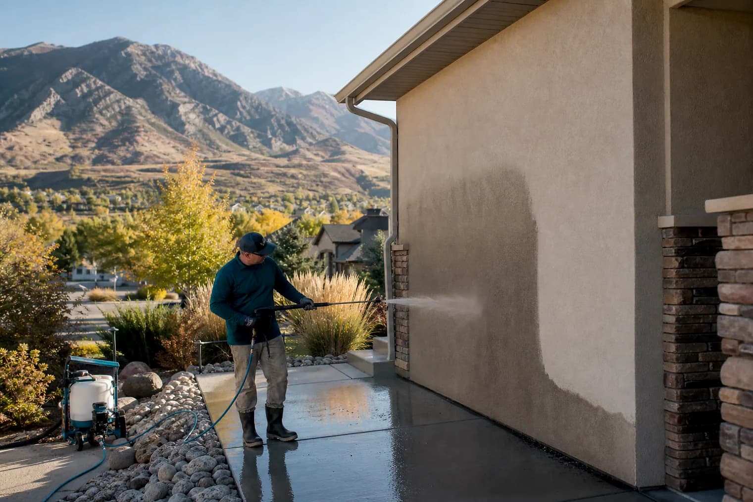Exterior-cleaning scene inspired by Elk Ridge, Utah, with characteristic the Wasatch Front landscape
