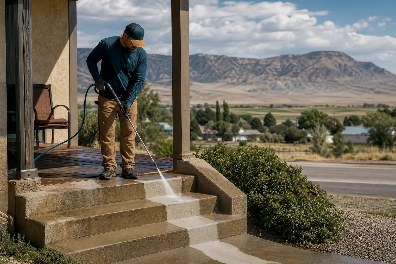 Exterior-cleaning scene inspired by Elmo, Utah, with characteristic central Utah landscape