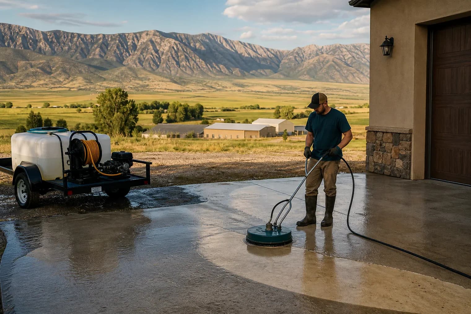 Exterior-cleaning scene inspired by Elwood, Utah, with characteristic Cache Valley and far northern Utah landscape