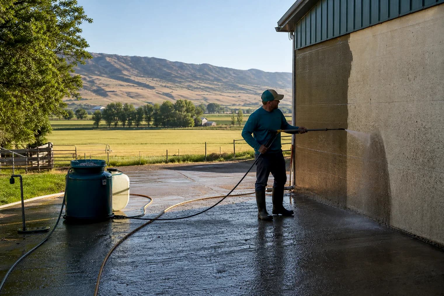 Exterior-cleaning scene inspired by Emery, Utah, with characteristic central Utah landscape