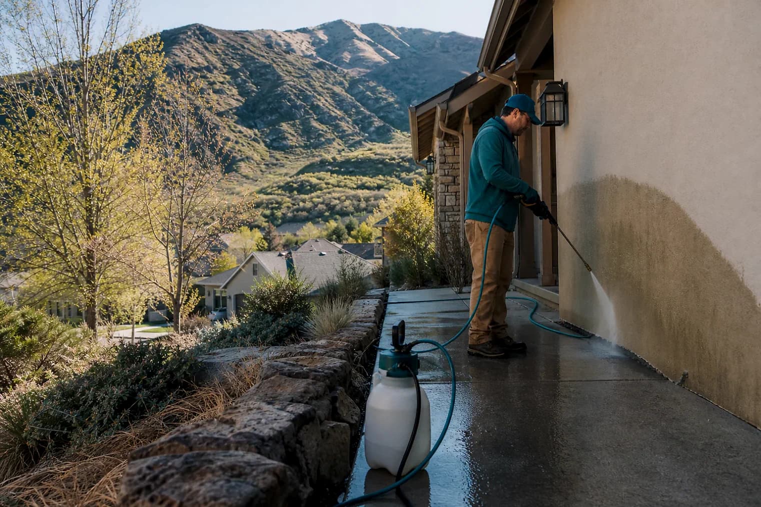 Exterior-cleaning scene inspired by Emigration Canyon, Utah, with characteristic the Wasatch Front landscape
