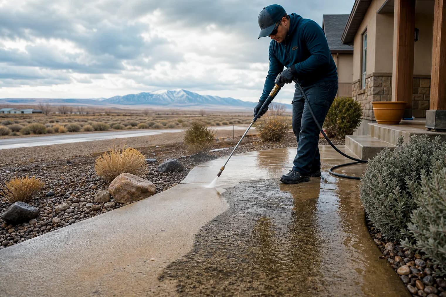 Exterior-cleaning scene inspired by Enoch, Utah, with characteristic Utah's west desert landscape
