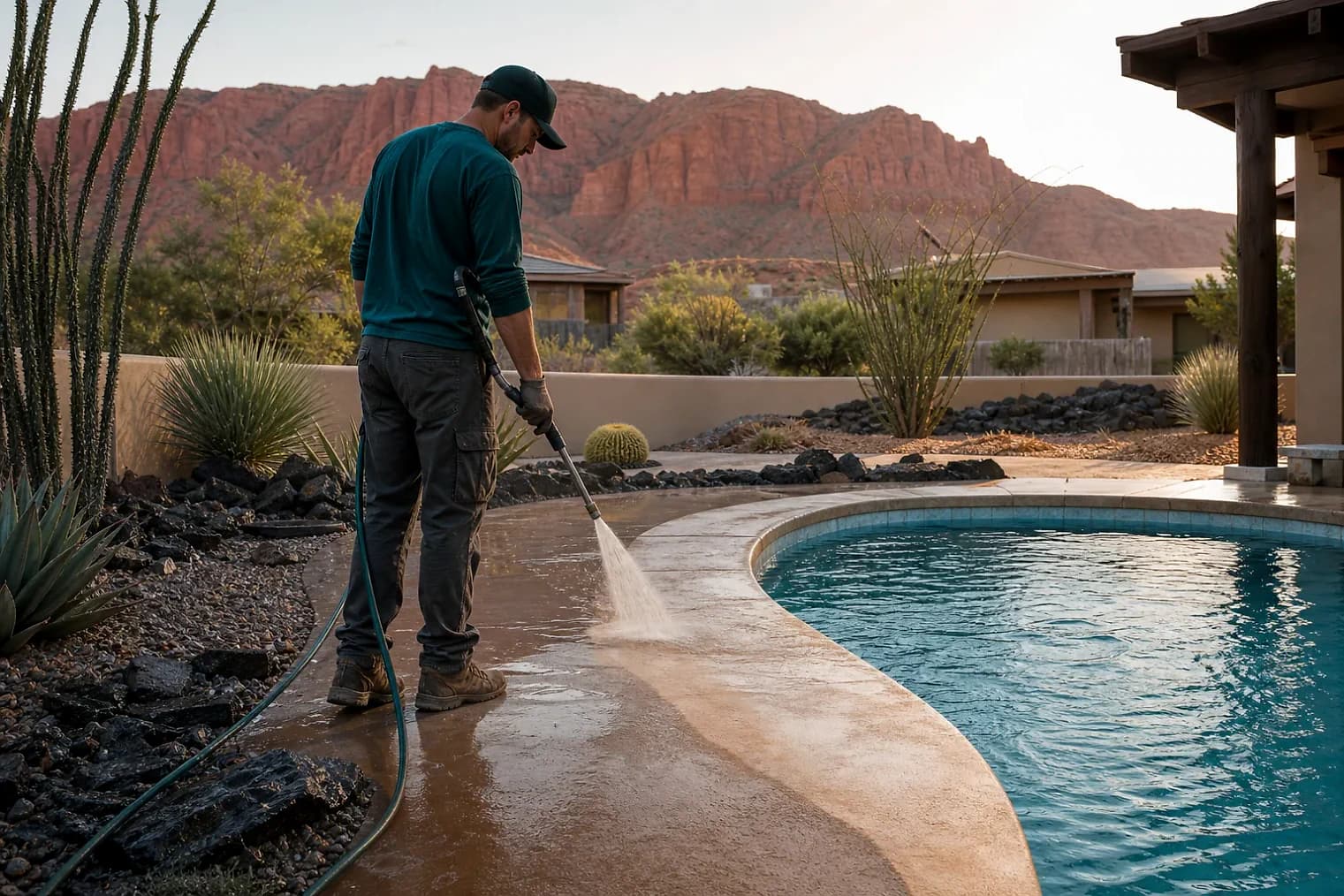 Exterior-cleaning scene inspired by Enterprise, Utah, with characteristic southwest Utah landscape