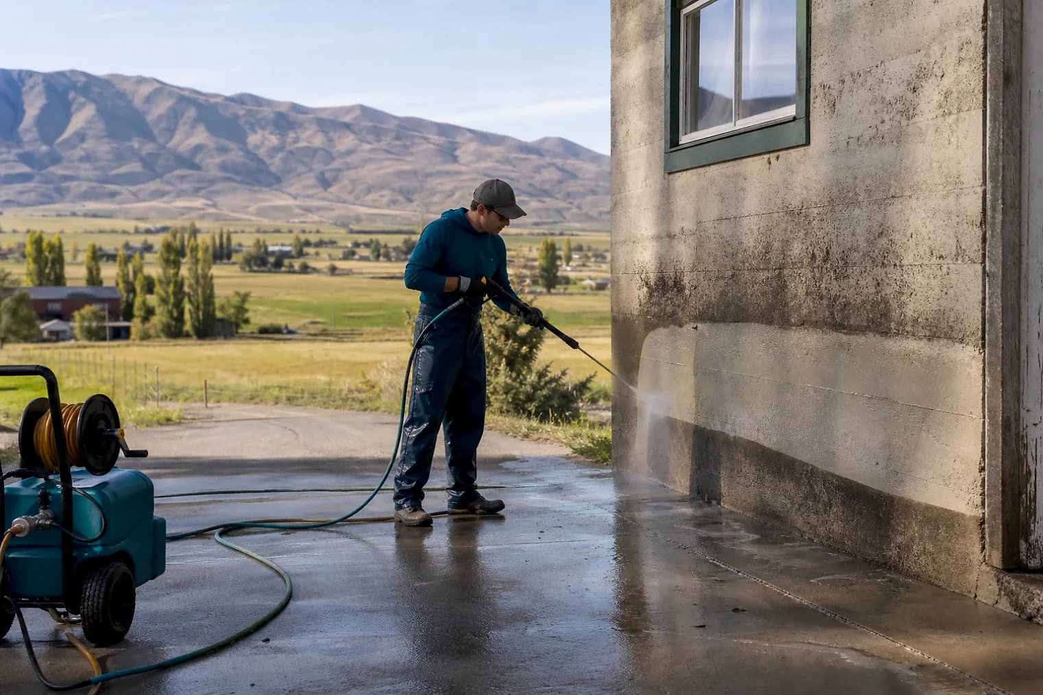 Exterior-cleaning scene inspired by Ephraim, Utah, with characteristic central Utah landscape
