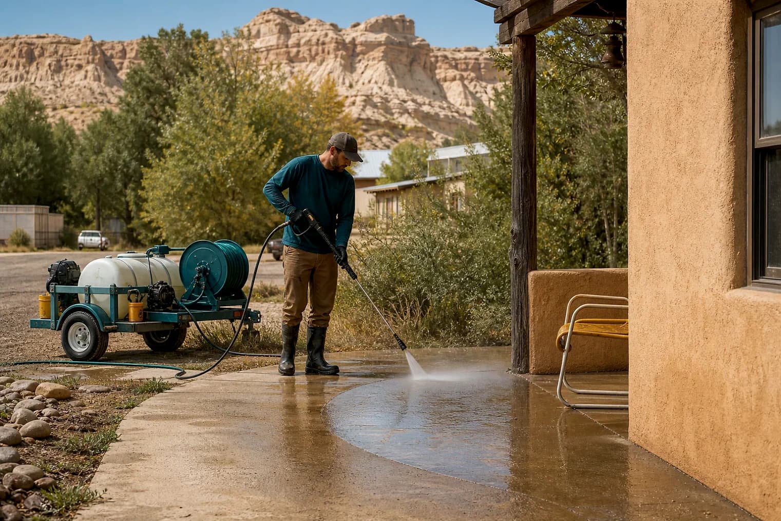 Exterior-cleaning scene inspired by Escalante, Utah, with characteristic Utah's canyon country landscape