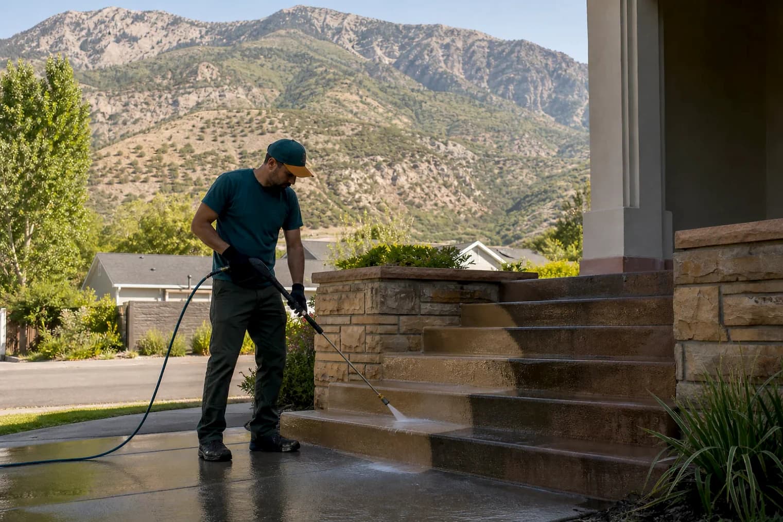 Exterior-cleaning scene inspired by Eureka, Utah, with characteristic the Wasatch Front landscape