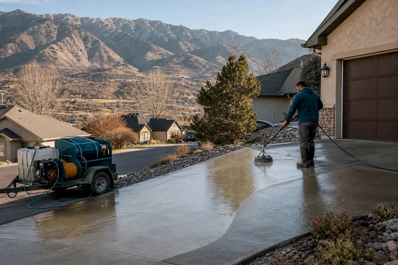 Exterior-cleaning scene inspired by Fairfield, Utah, with characteristic the Wasatch Front landscape