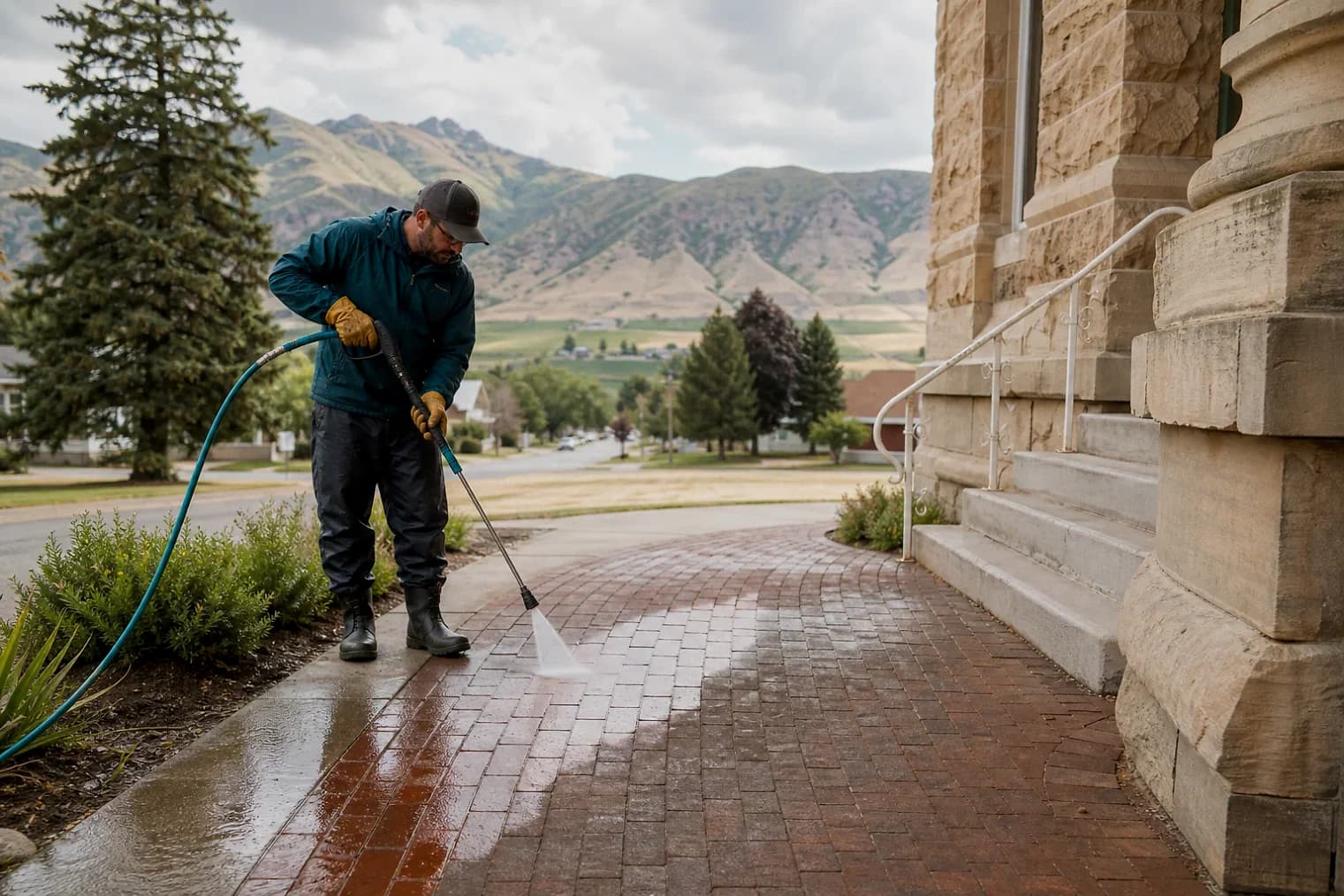 Exterior-cleaning scene inspired by Fairview, Utah, with characteristic central Utah landscape