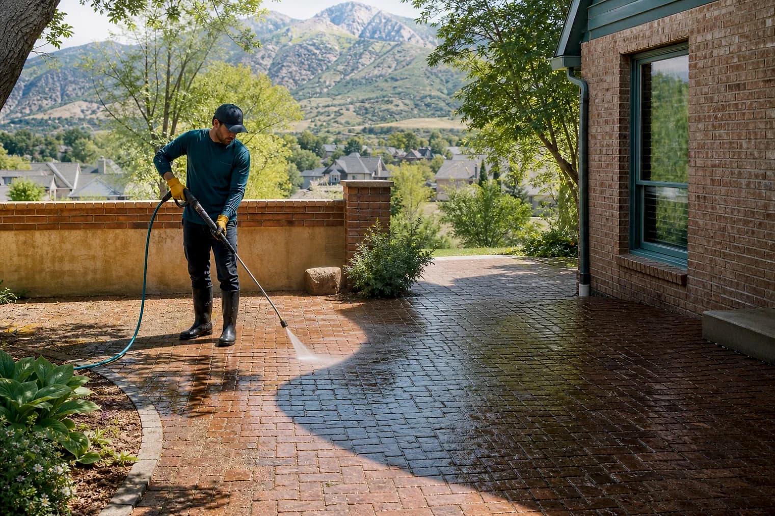 Exterior-cleaning scene inspired by Farmington, Utah, with characteristic the Wasatch Front landscape