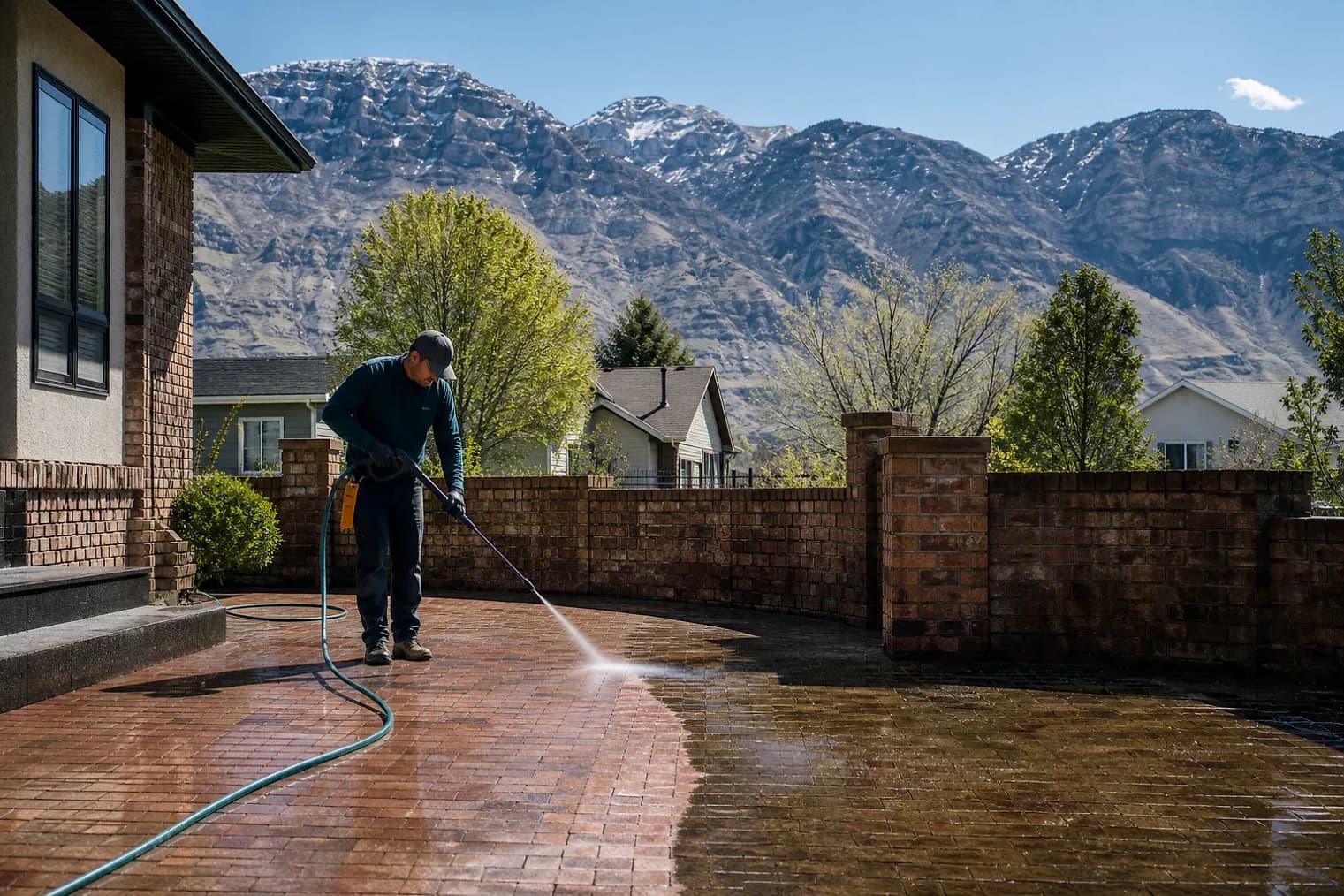 Exterior-cleaning scene inspired by Farr West, Utah, with characteristic the Wasatch Front landscape