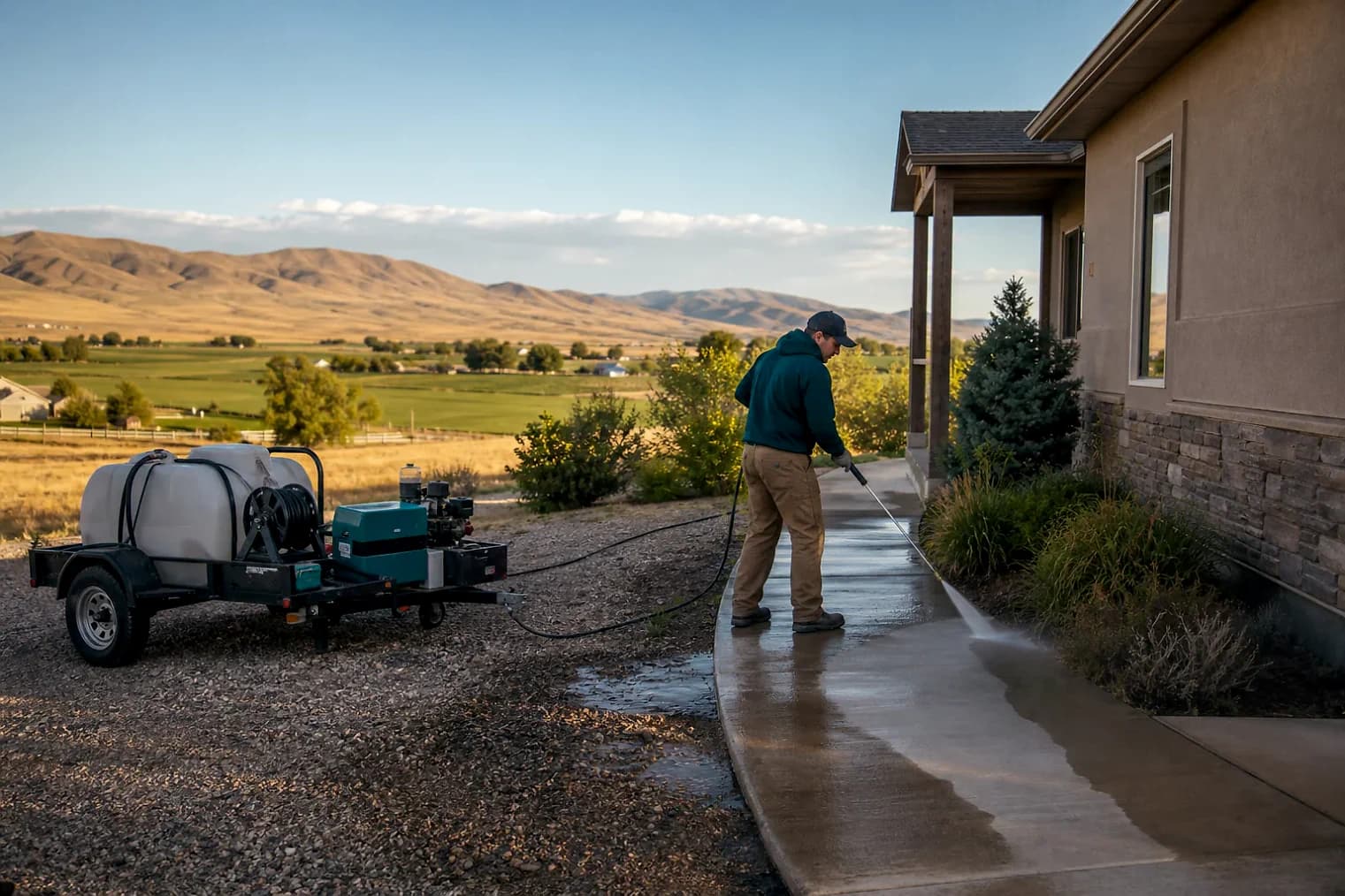 Exterior-cleaning scene inspired by Fayette, Utah, with characteristic central Utah landscape