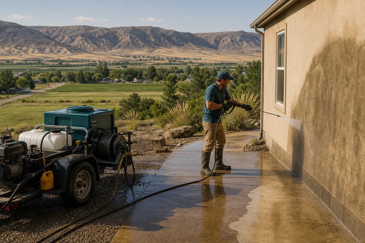 Exterior-cleaning scene inspired by Ferron, Utah, with characteristic central Utah landscape