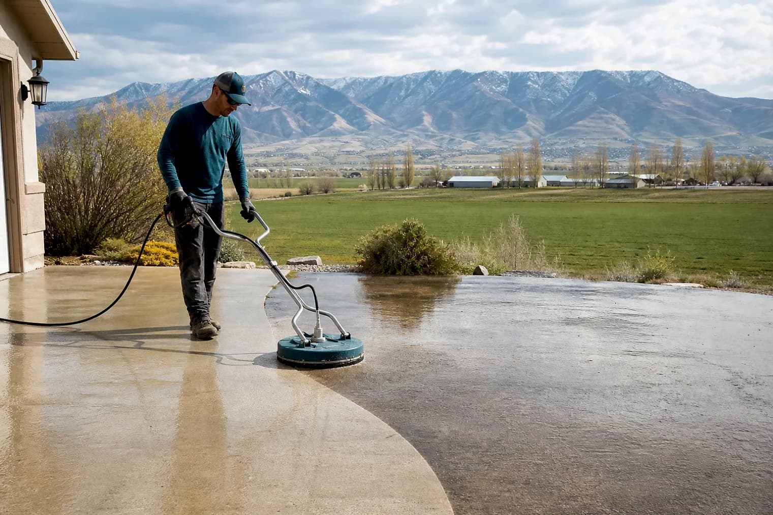 Exterior-cleaning scene inspired by Fielding, Utah, with characteristic Cache Valley and far northern Utah landscape