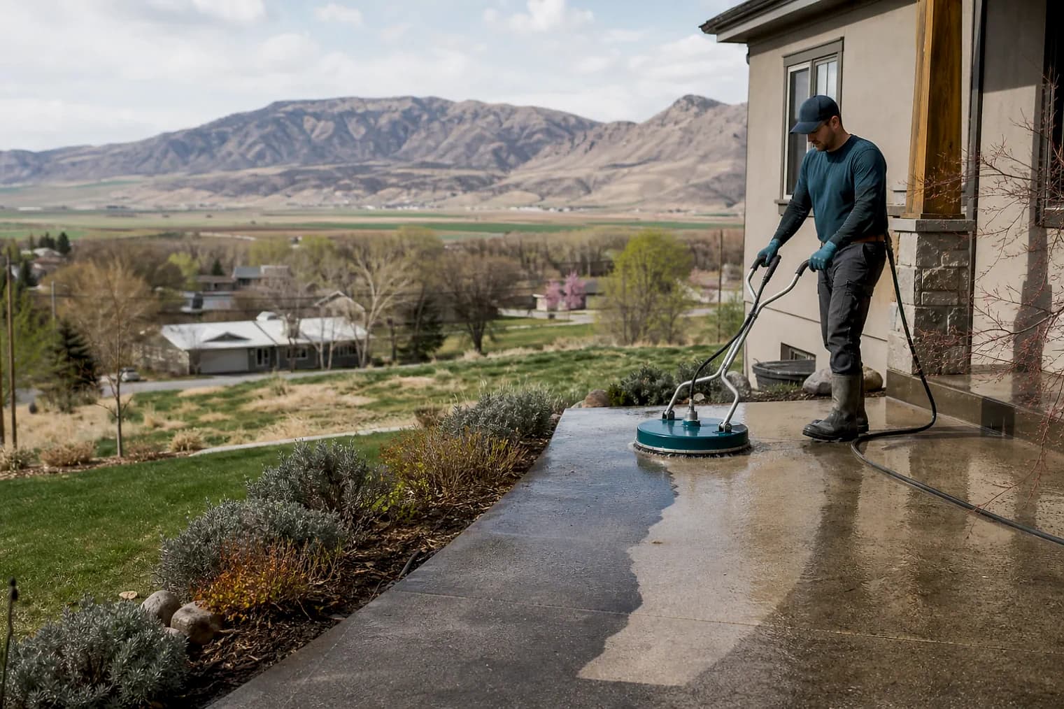 Exterior-cleaning scene inspired by Fillmore, Utah, with characteristic central Utah landscape