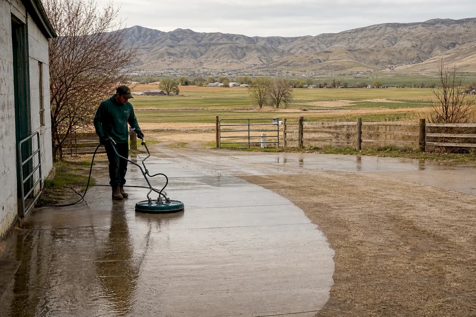 Exterior-cleaning scene inspired by Fountain Green, Utah, with characteristic central Utah landscape
