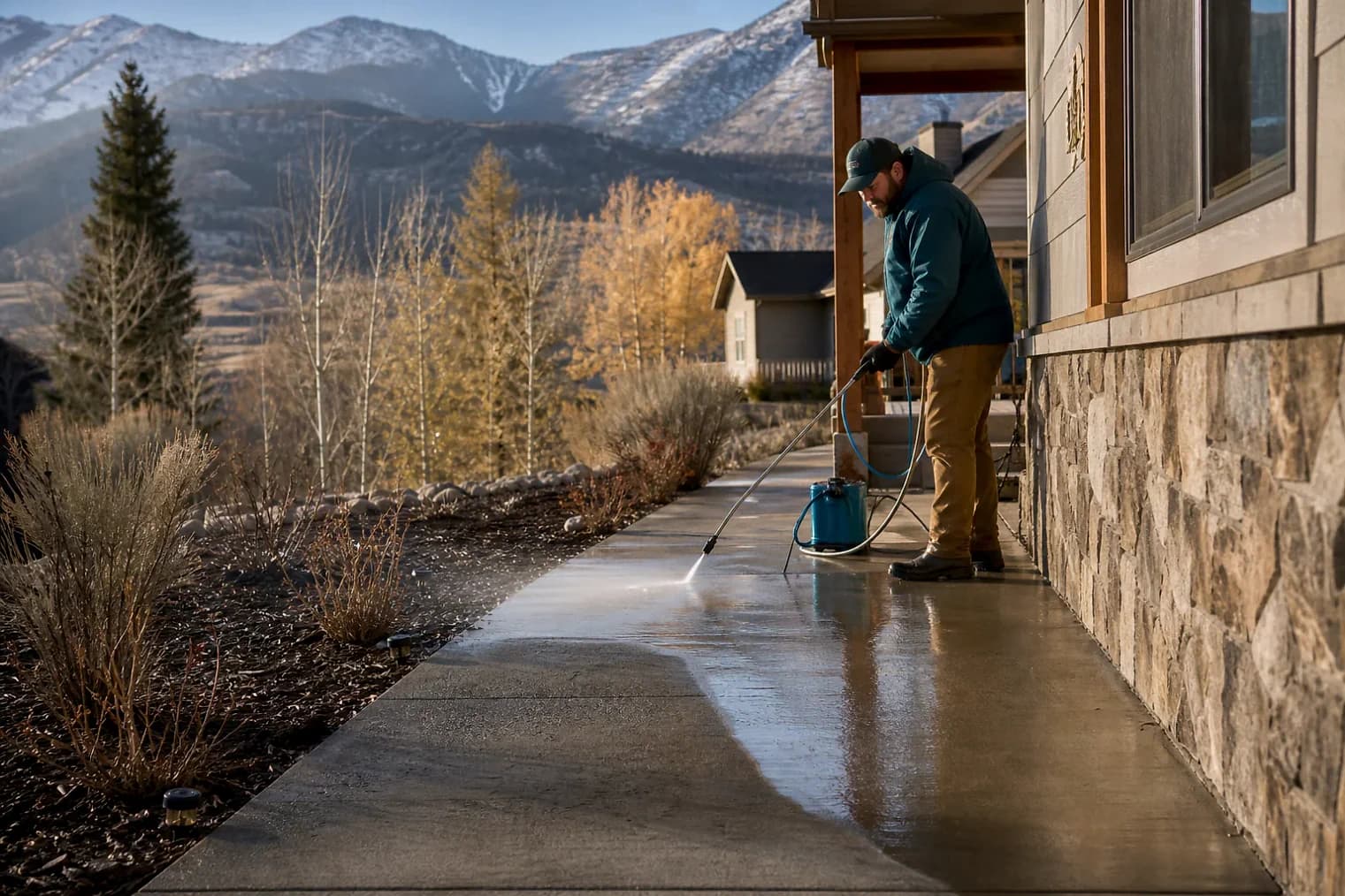 Exterior-cleaning scene inspired by Francis, Utah, with characteristic Utah's mountain valleys landscape