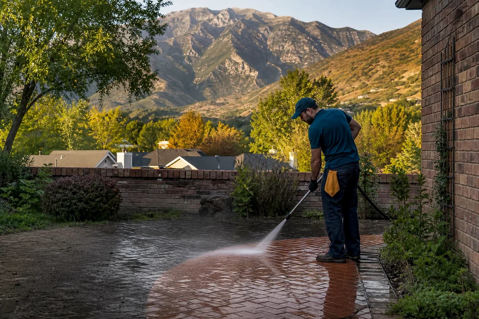 Exterior-cleaning scene inspired by Fruit Heights, Utah, with characteristic the Wasatch Front landscape