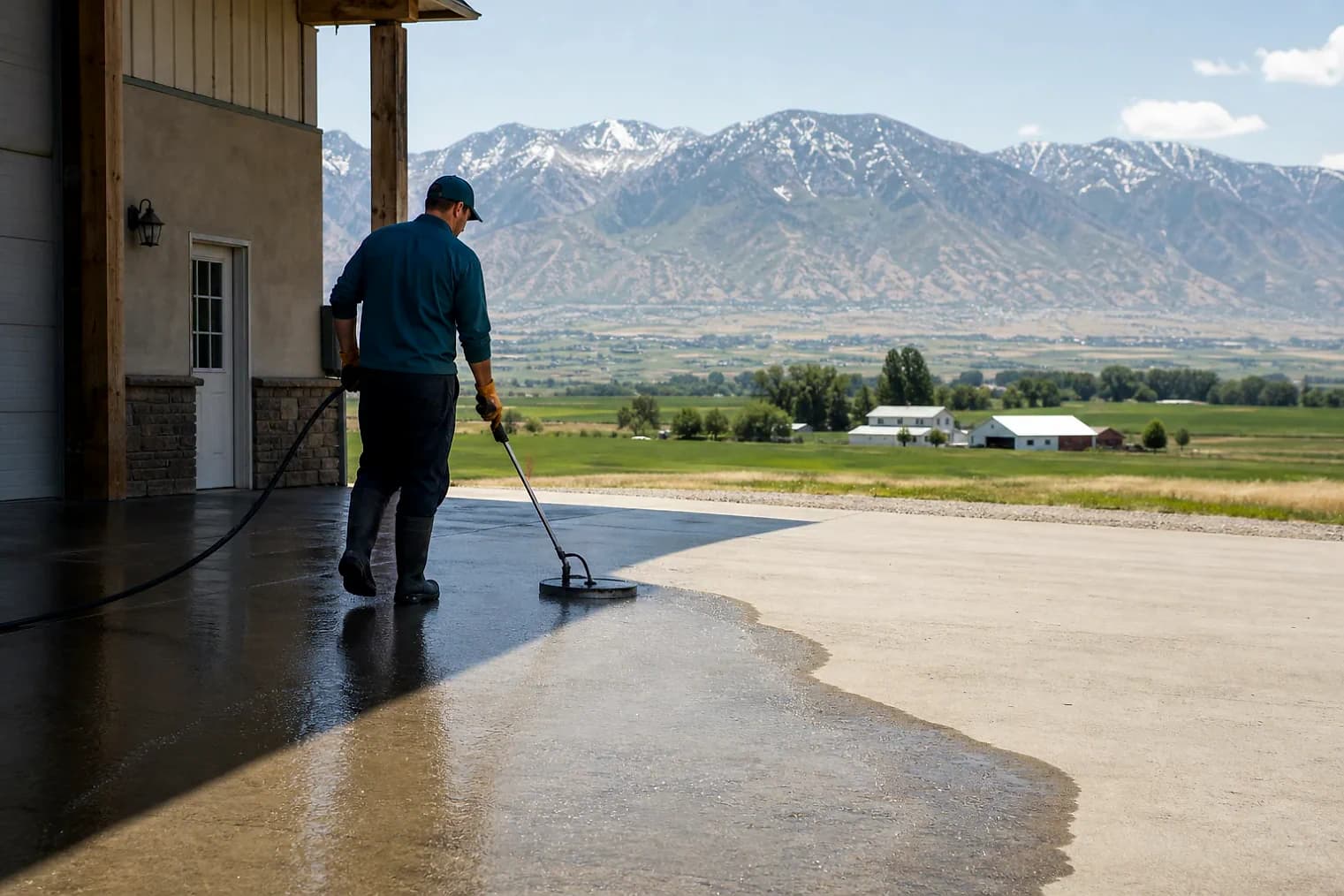 Exterior-cleaning scene inspired by Garden City, Utah, with characteristic Cache Valley and far northern Utah landscape
