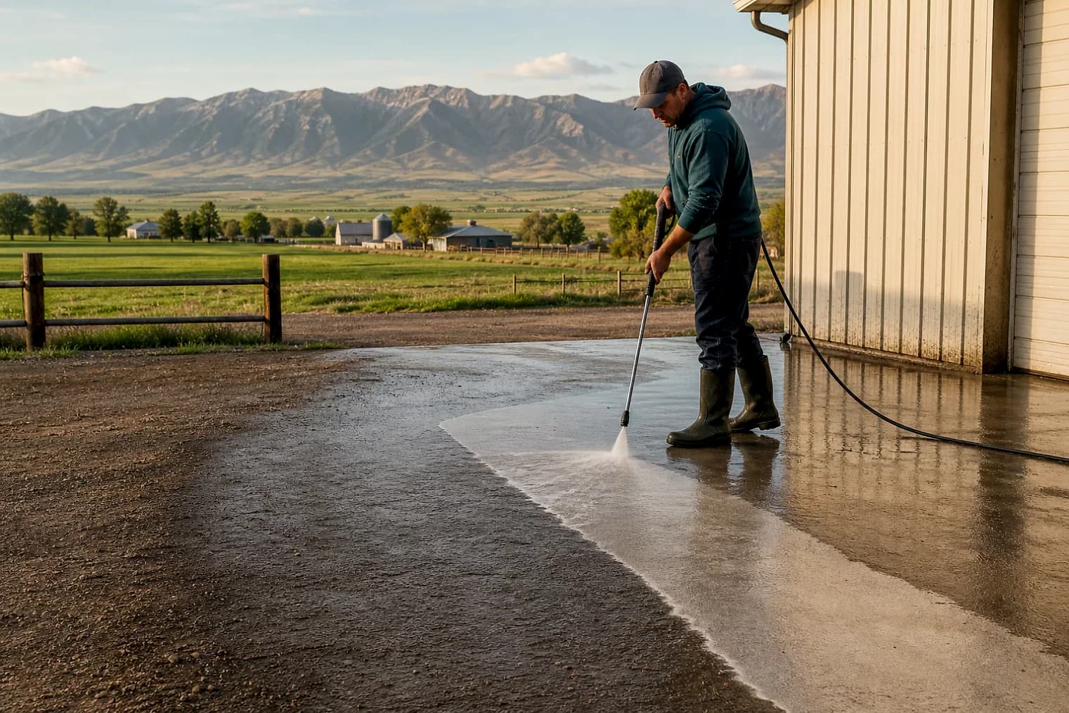 Exterior-cleaning scene inspired by Garland, Utah, with characteristic Cache Valley and far northern Utah landscape