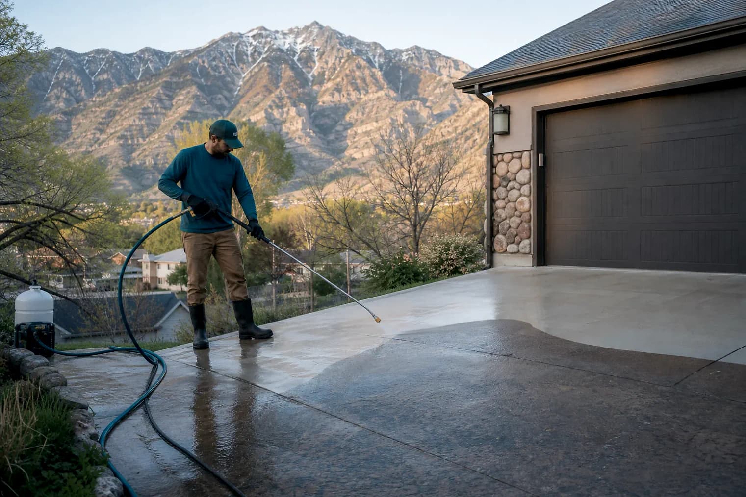 Exterior-cleaning scene inspired by Genola, Utah, with characteristic the Wasatch Front landscape