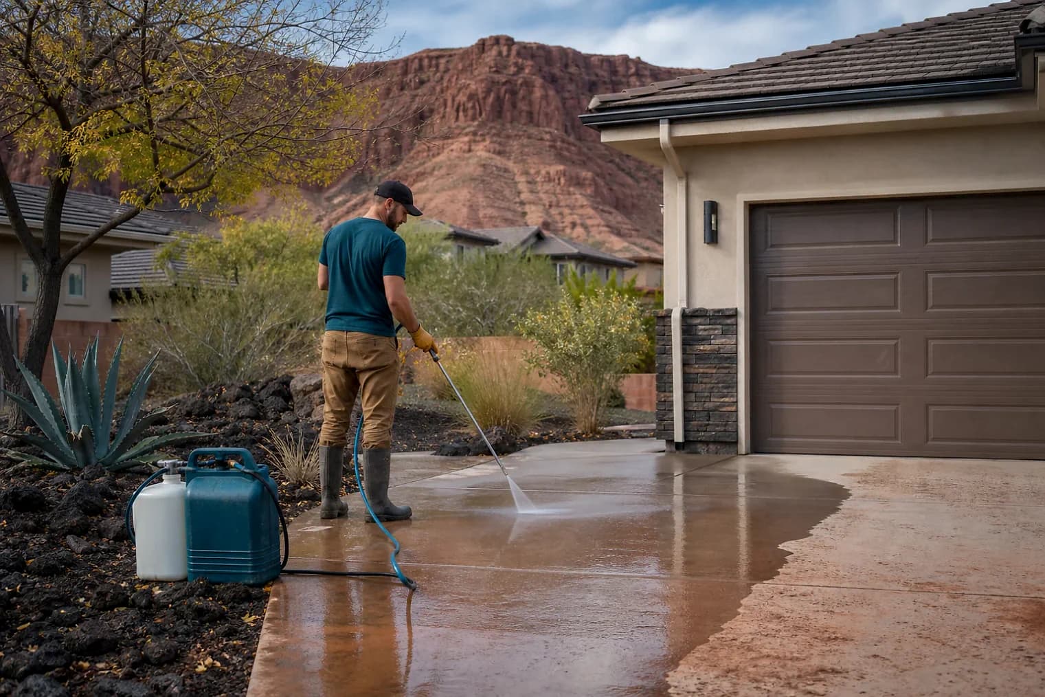 Exterior-cleaning scene inspired by Glendale, Utah, with characteristic southwest Utah landscape