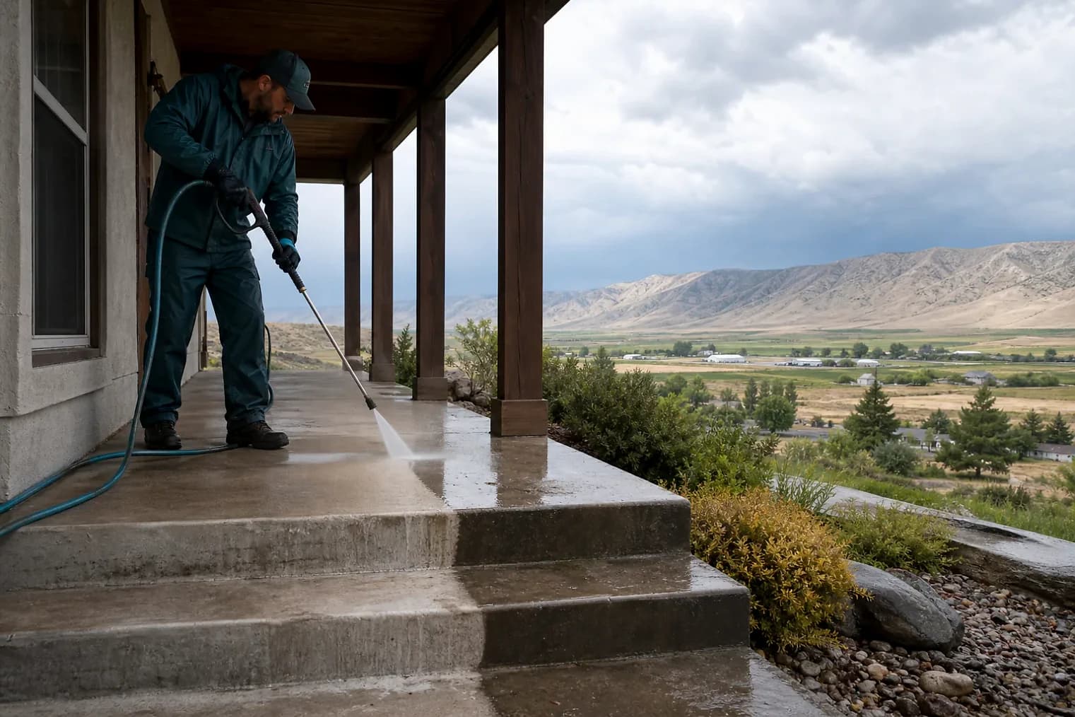 Exterior-cleaning scene inspired by Glenwood, Utah, with characteristic central Utah landscape