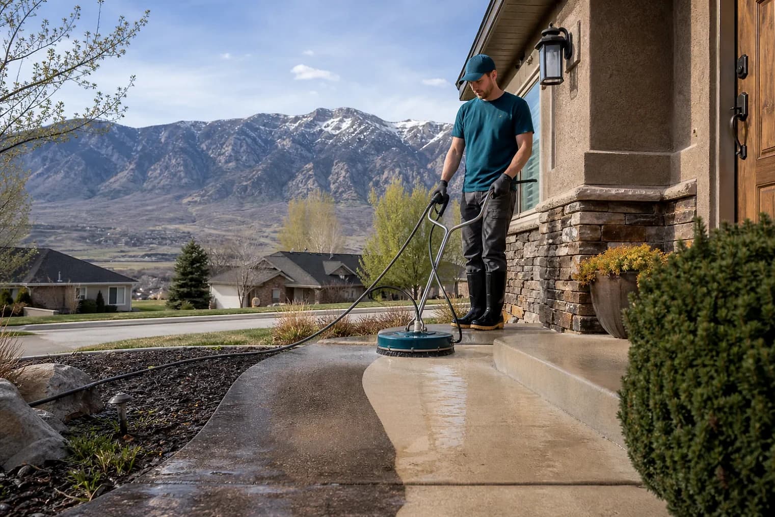 Exterior-cleaning scene inspired by Goshen, Utah, with characteristic the Wasatch Front landscape