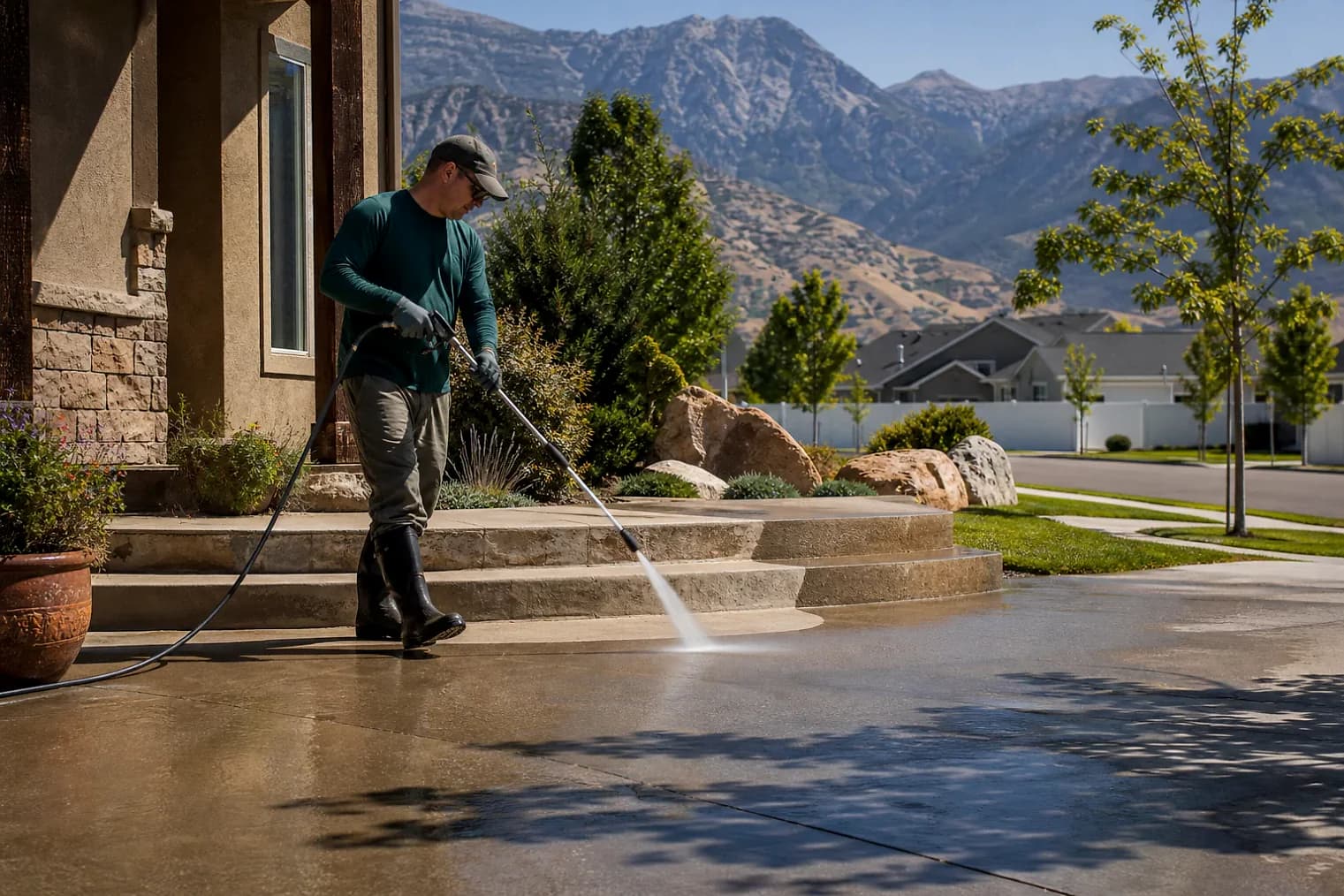 Exterior-cleaning scene inspired by Grantsville, Utah, with characteristic the Wasatch Front landscape