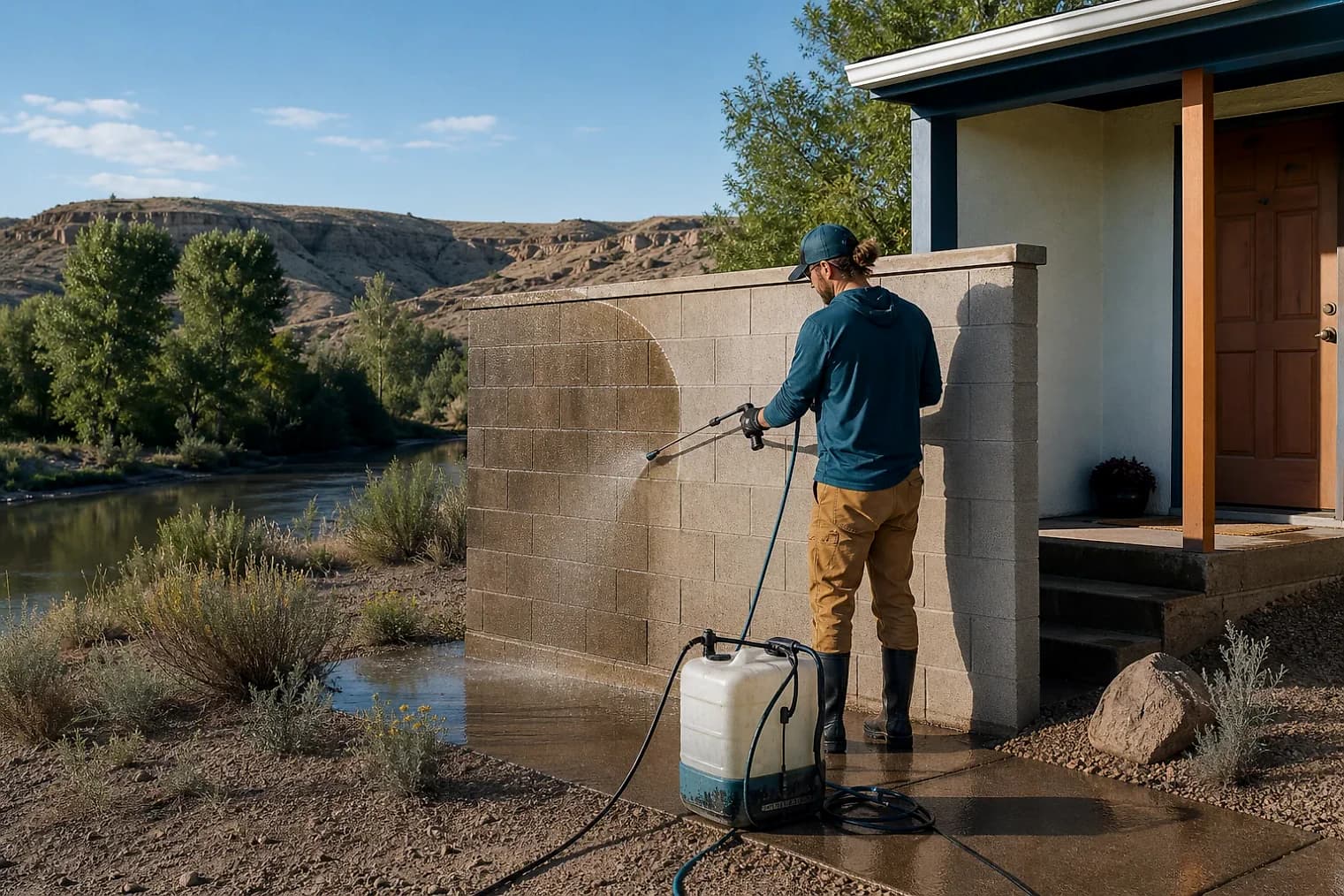 Exterior-cleaning scene inspired by Green River, Utah, with characteristic the Uintah Basin landscape