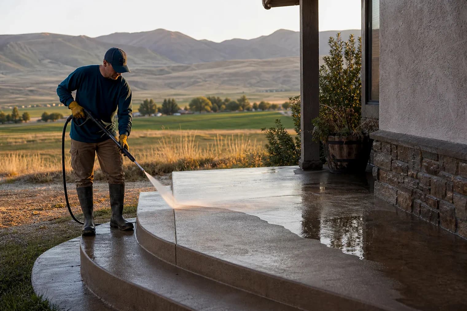 Exterior-cleaning scene inspired by Gunnison, Utah, with characteristic central Utah landscape