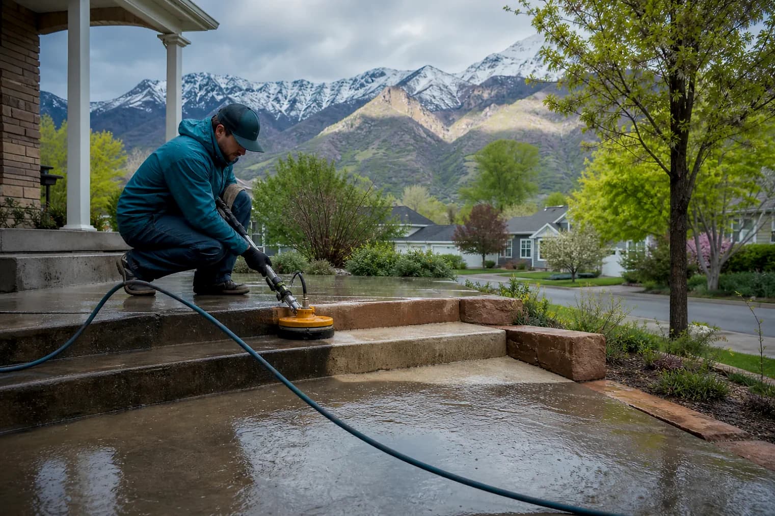 Exterior-cleaning scene inspired by Harrisville, Utah, with characteristic the Wasatch Front landscape