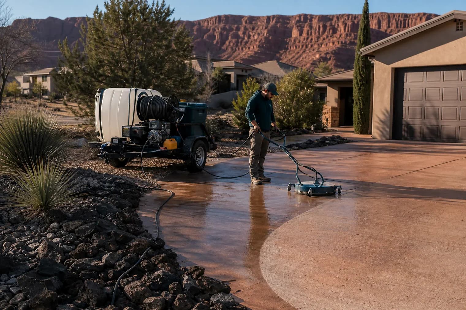 Exterior-cleaning scene inspired by Hatch, Utah, with characteristic southwest Utah landscape
