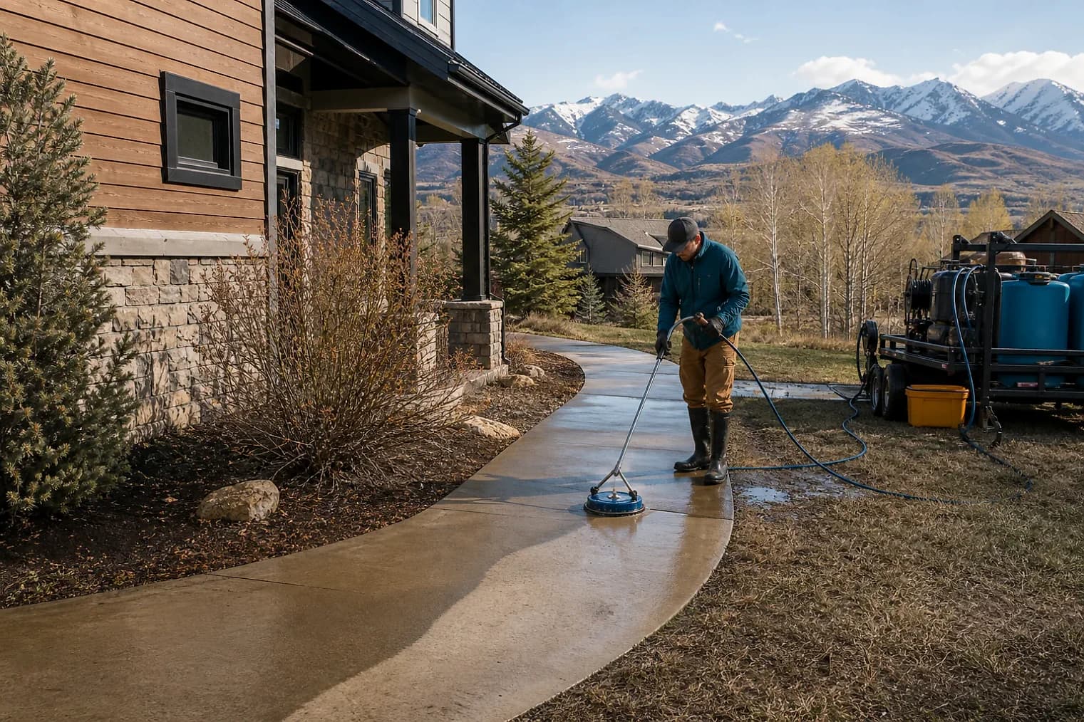 Exterior-cleaning scene inspired by Heber, Utah, with characteristic Utah's mountain valleys landscape