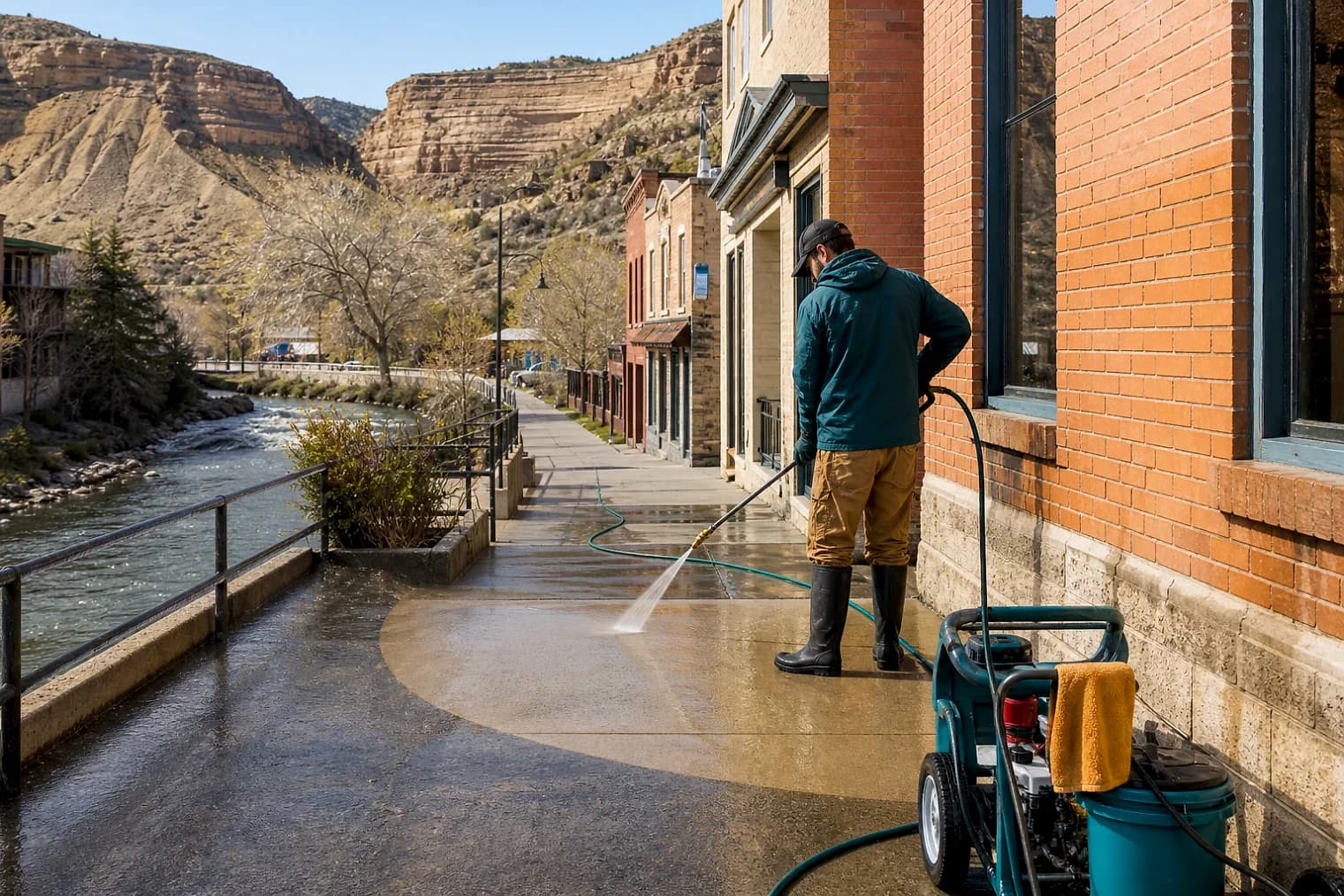 Exterior-cleaning scene inspired by Helper, Utah, with characteristic central Utah landscape