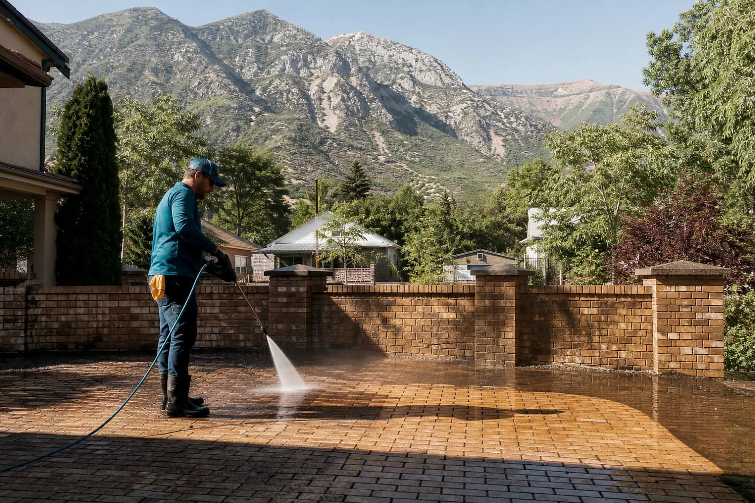 Exterior-cleaning scene inspired by Henefer, Utah, with characteristic the Wasatch Front landscape
