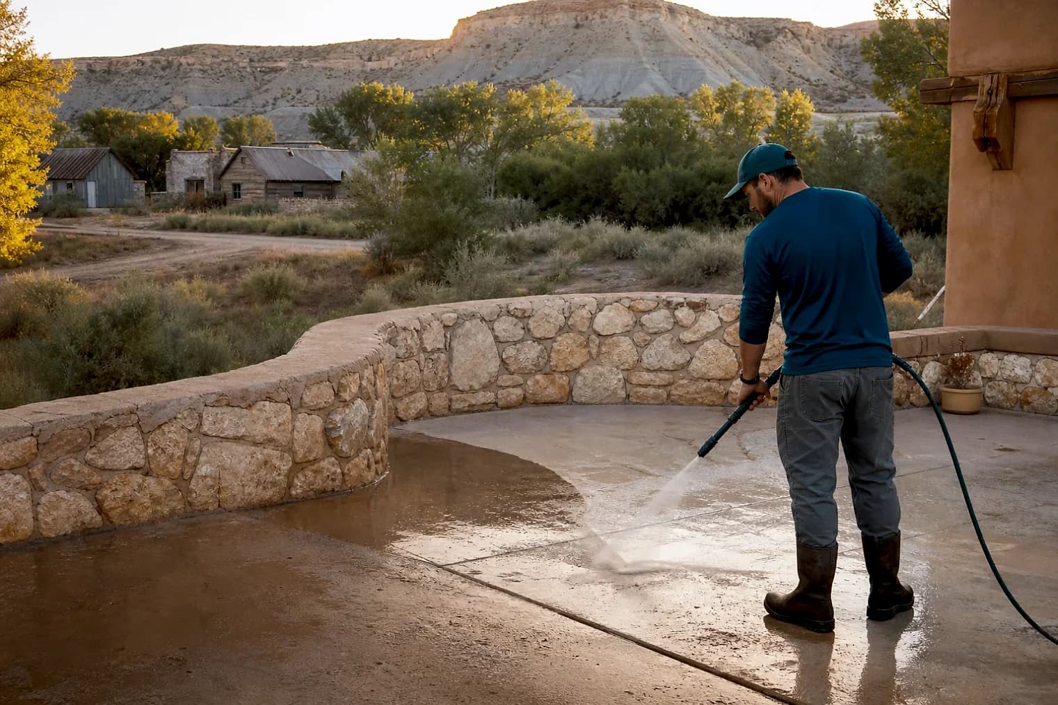 Exterior-cleaning scene inspired by Henrieville, Utah, with characteristic Utah's canyon country landscape