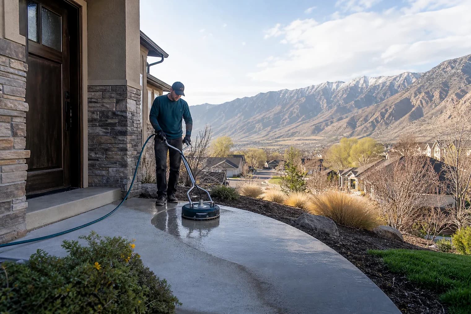 Exterior-cleaning scene inspired by Herriman, Utah, with characteristic the Wasatch Front landscape