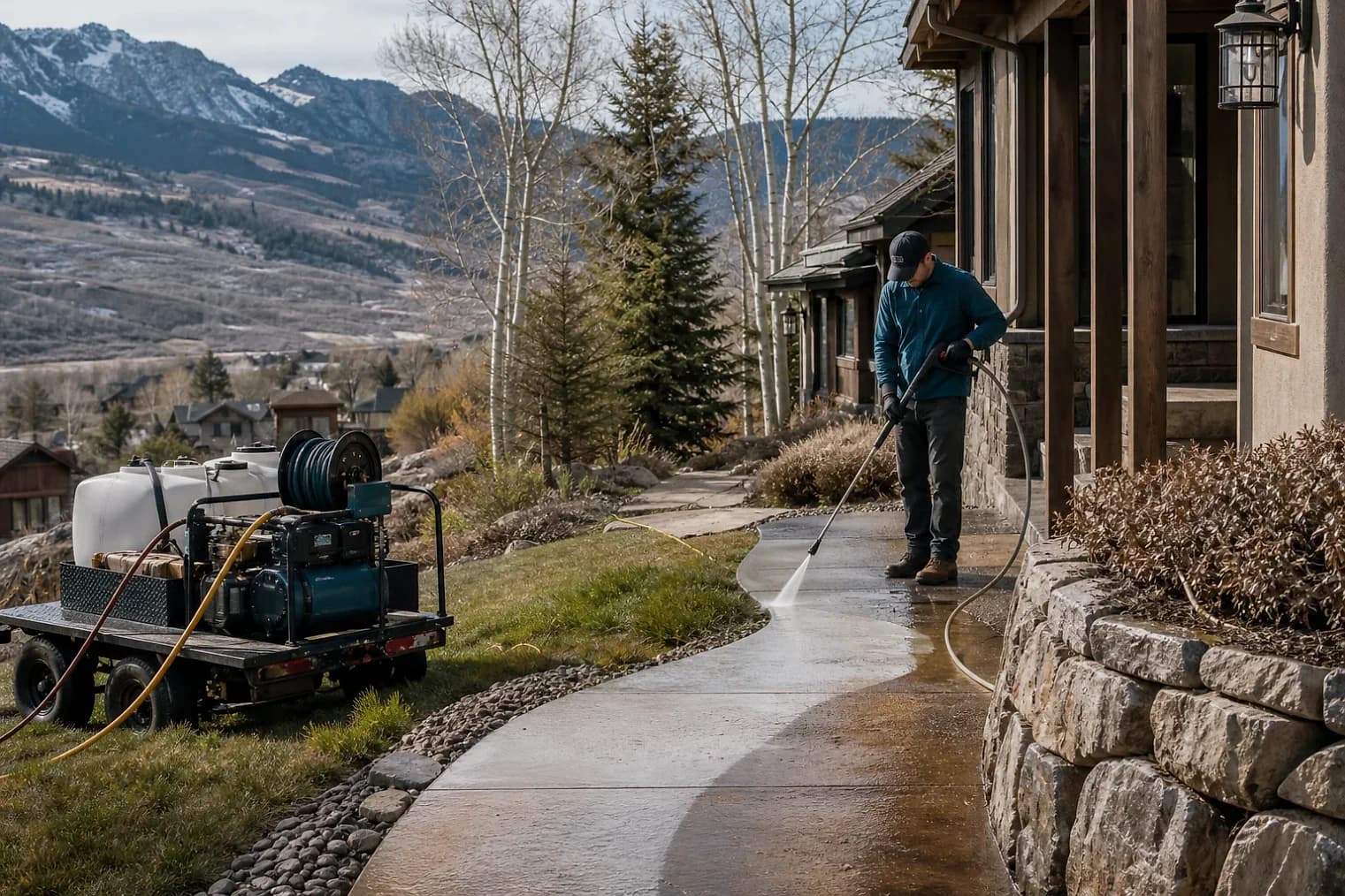 Exterior-cleaning scene inspired by Hideout, Utah, with characteristic Utah's mountain valleys landscape