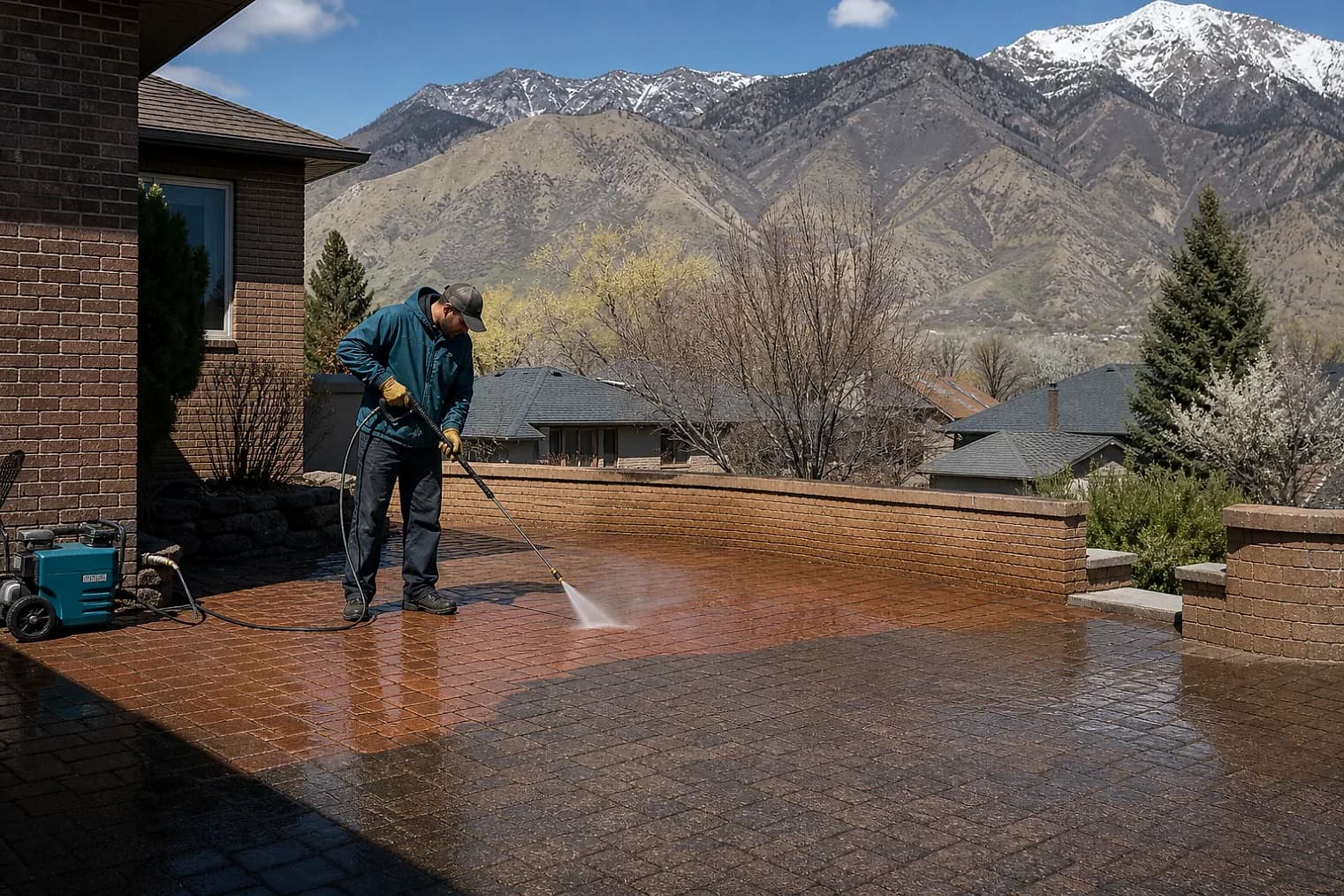 Exterior-cleaning scene inspired by Highland, Utah, with characteristic the Wasatch Front landscape