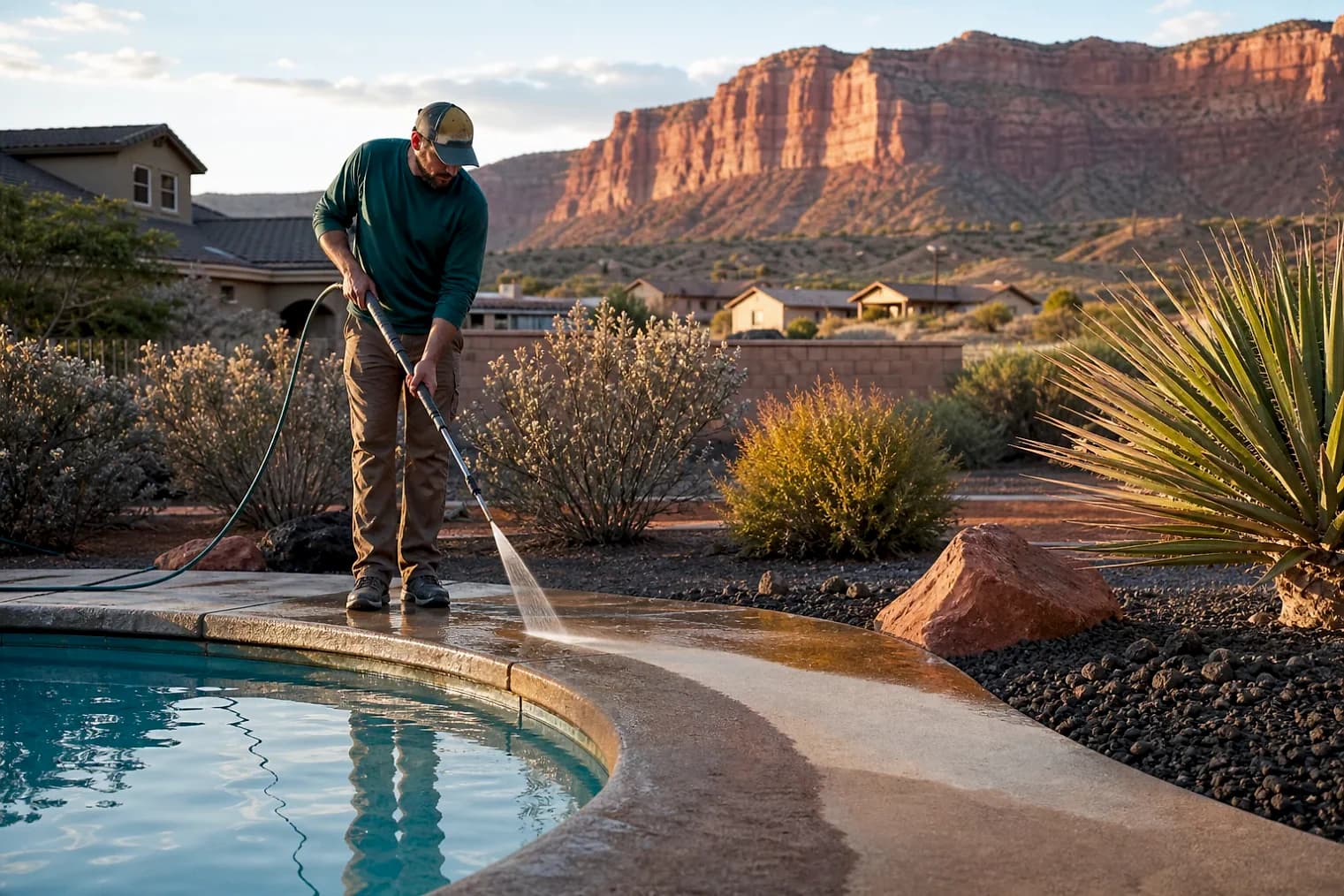 Exterior-cleaning scene inspired by Hildale, Utah, with characteristic southwest Utah landscape