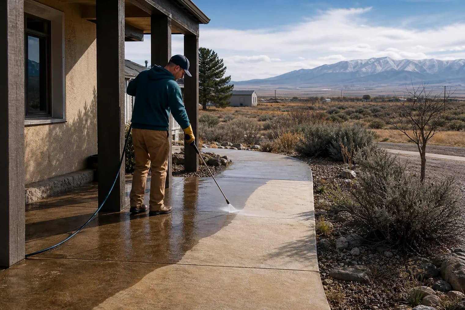 Exterior-cleaning scene inspired by Hinckley, Utah, with characteristic Utah's west desert landscape