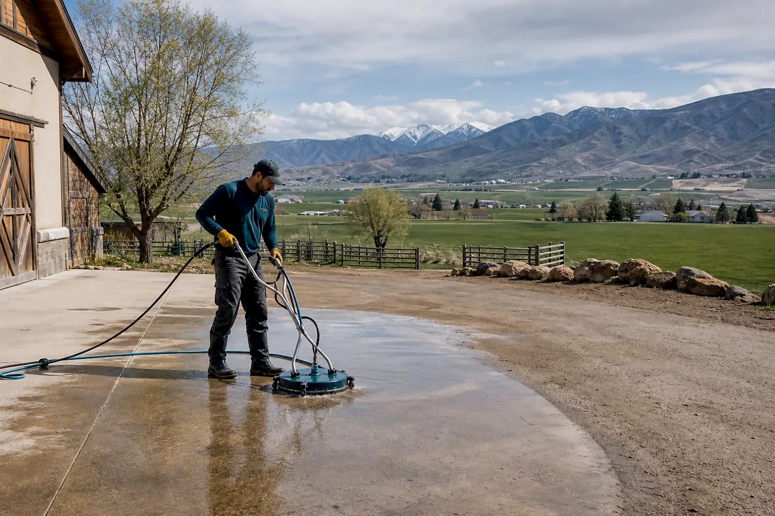 Exterior-cleaning scene inspired by Holden, Utah, with characteristic central Utah landscape