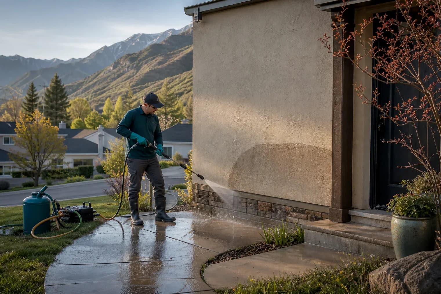 Exterior-cleaning scene inspired by Holladay, Utah, with characteristic the Wasatch Front landscape