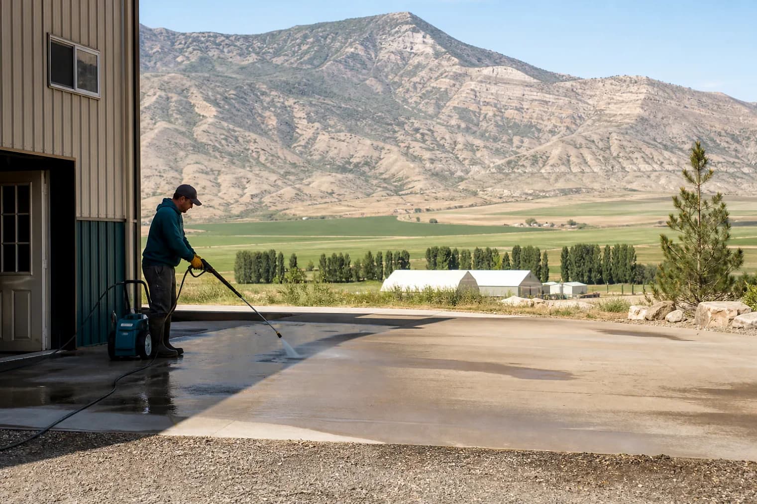 Exterior-cleaning scene inspired by Honeyville, Utah, with characteristic Cache Valley and far northern Utah landscape