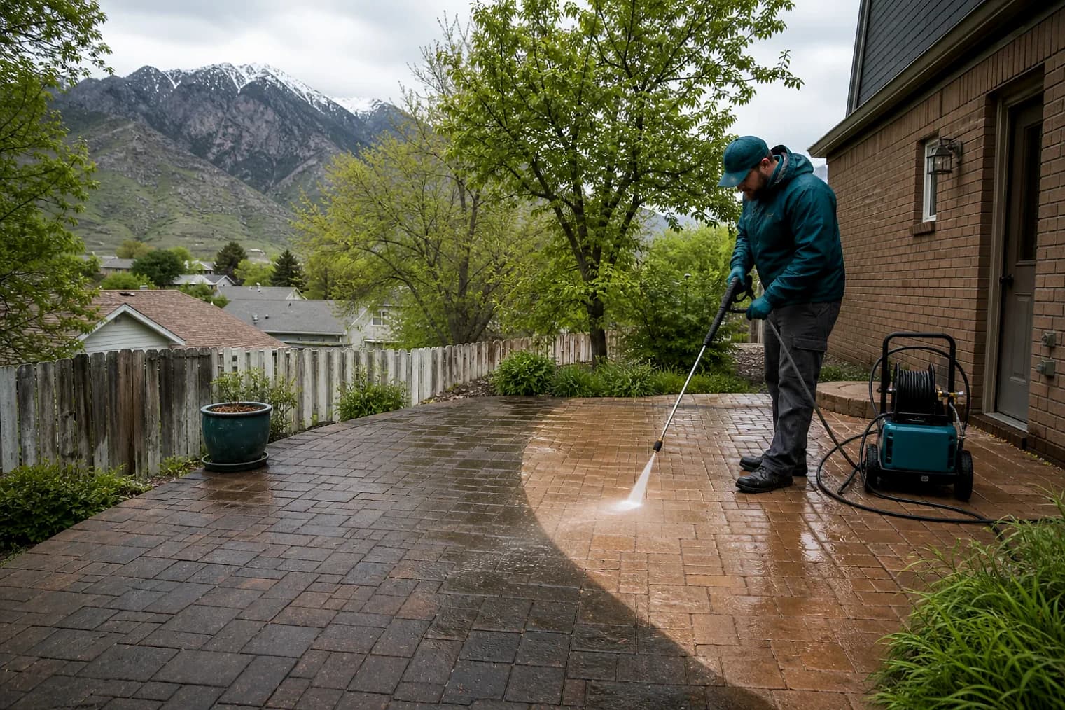 Exterior-cleaning scene inspired by Hooper, Utah, with characteristic the Wasatch Front landscape