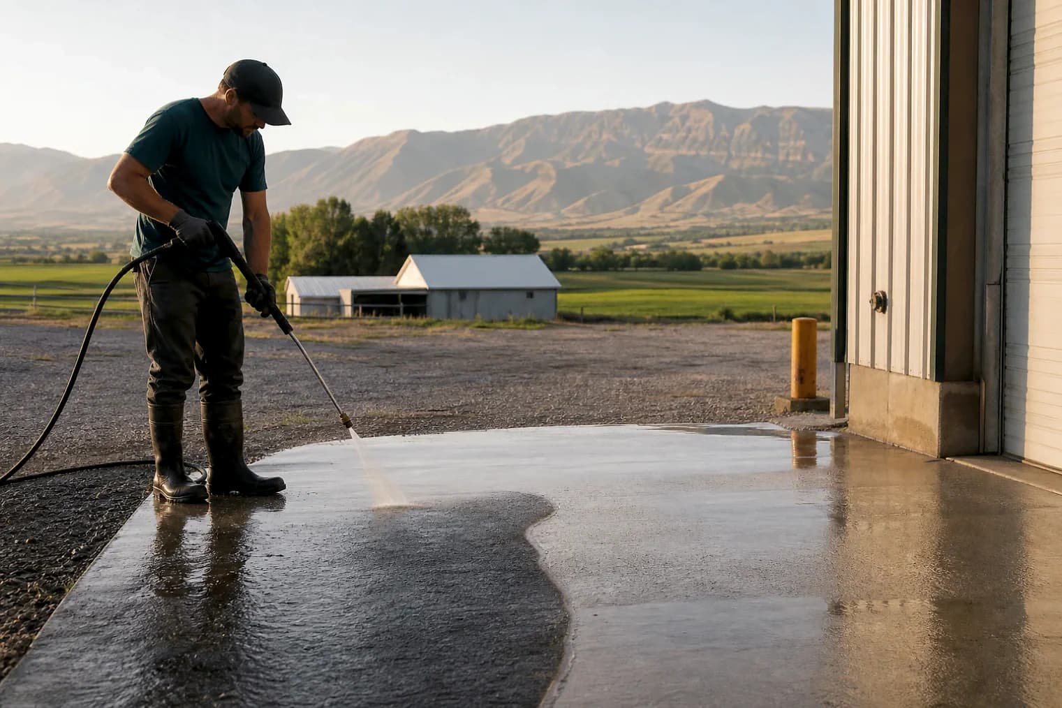 Exterior-cleaning scene inspired by Howell, Utah, with characteristic Cache Valley and far northern Utah landscape