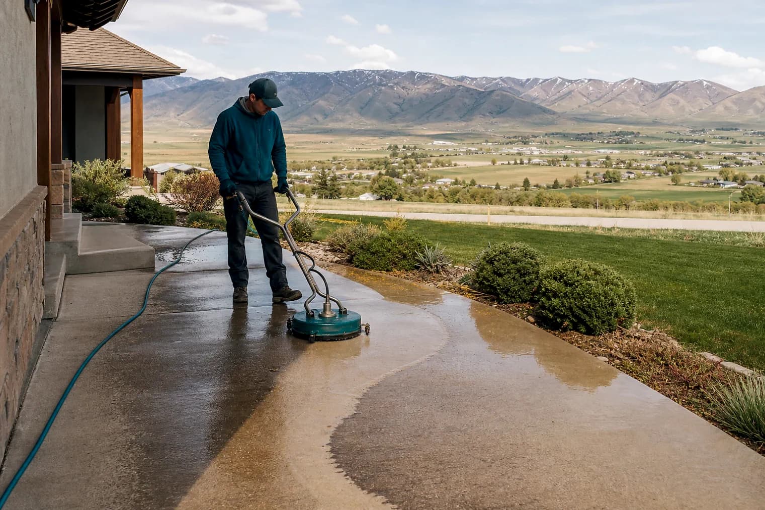 Exterior-cleaning scene inspired by Huntington, Utah, with characteristic central Utah landscape